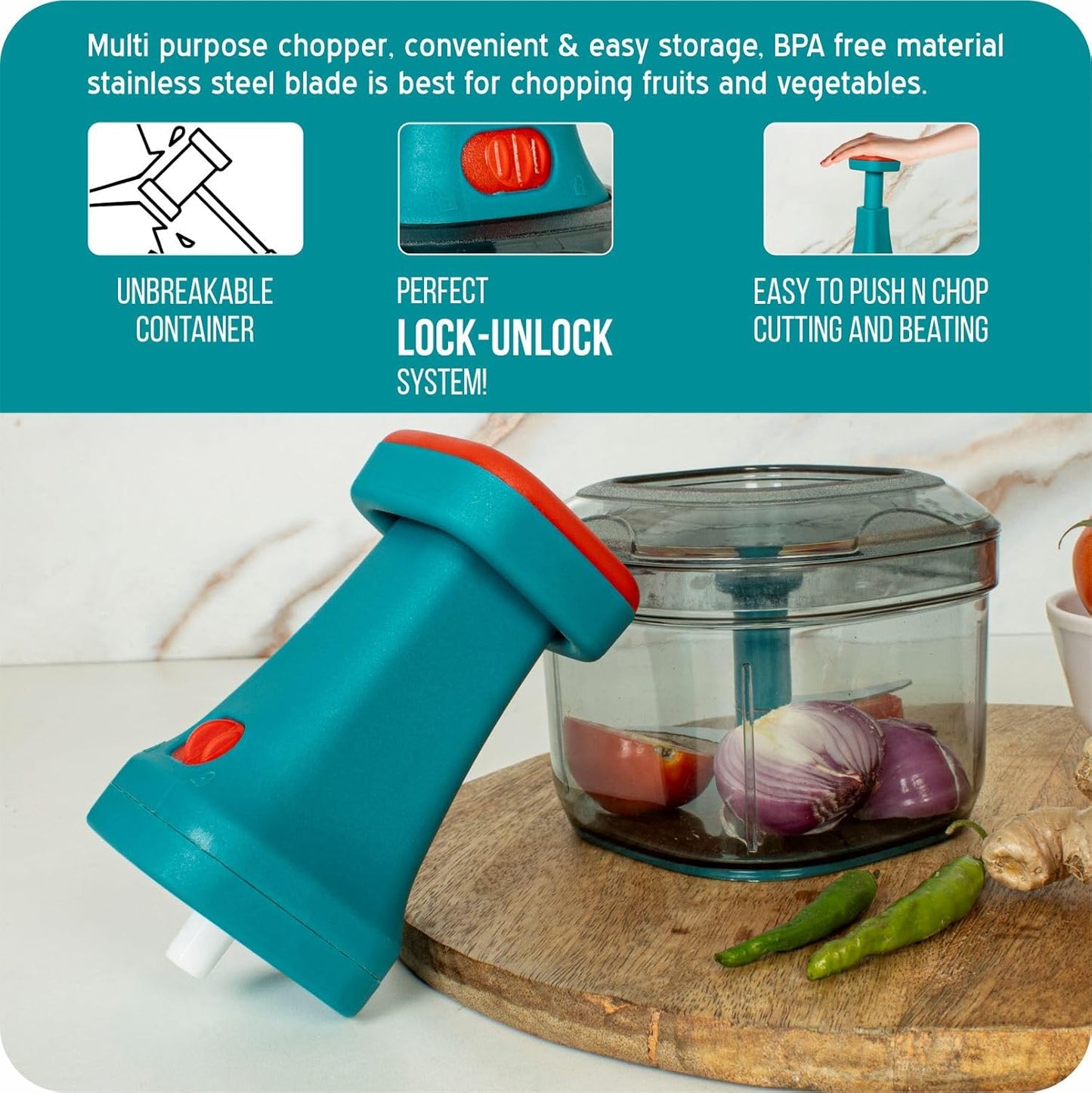 Nexus Drop™ Manual Press Food Chopper – Fast, Mess-Free Vegetable & Fruit Cutter